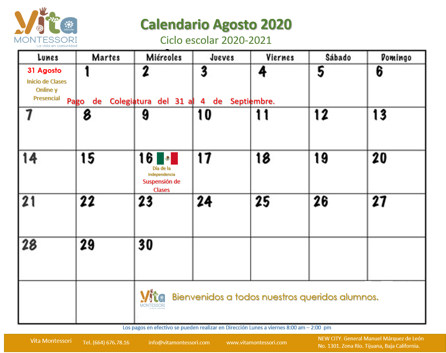 Calendario Septiembre 2020 inicio de clases