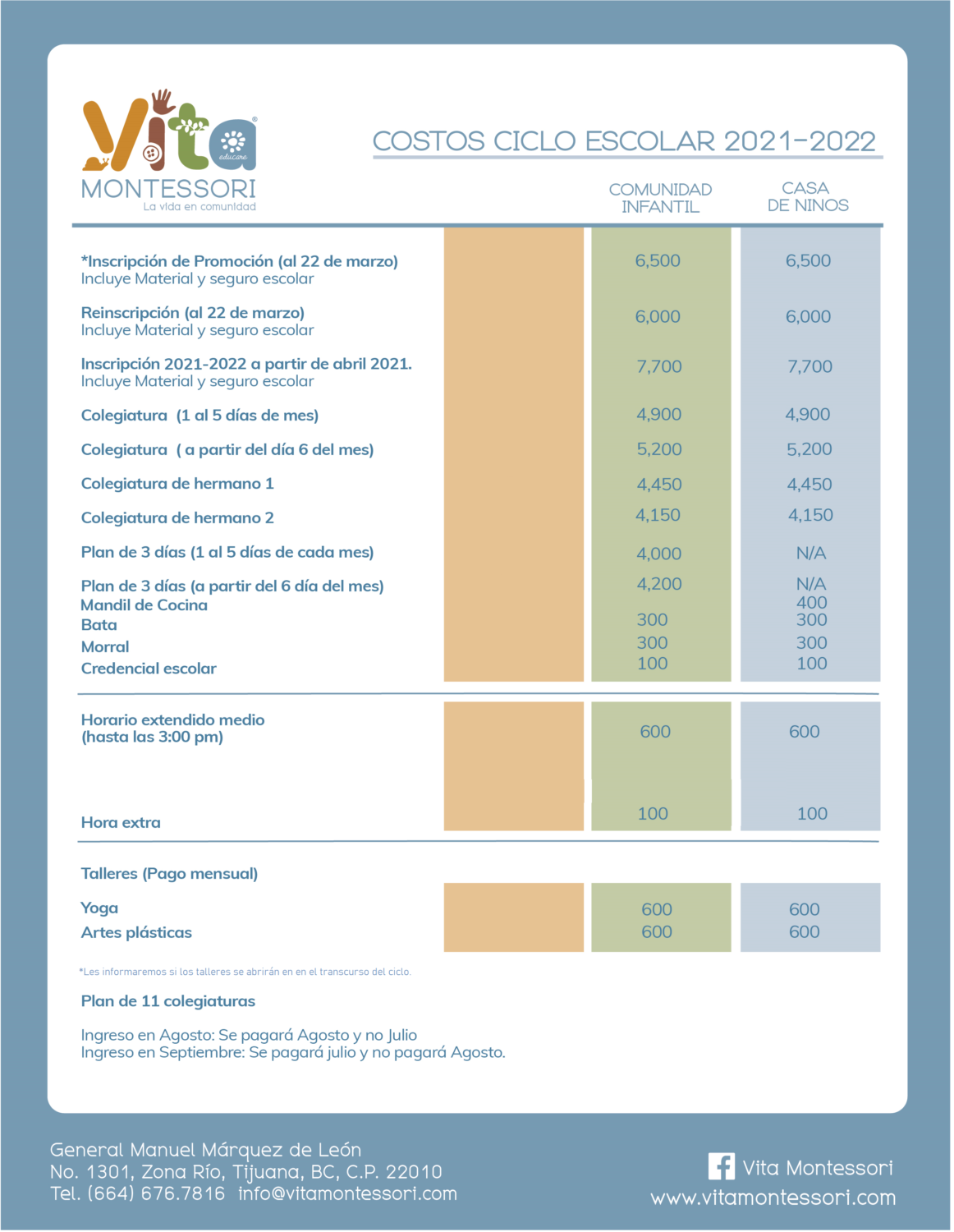 COSTOS CICLO ESCOLAR 2021 2022 2 Vita Montessori