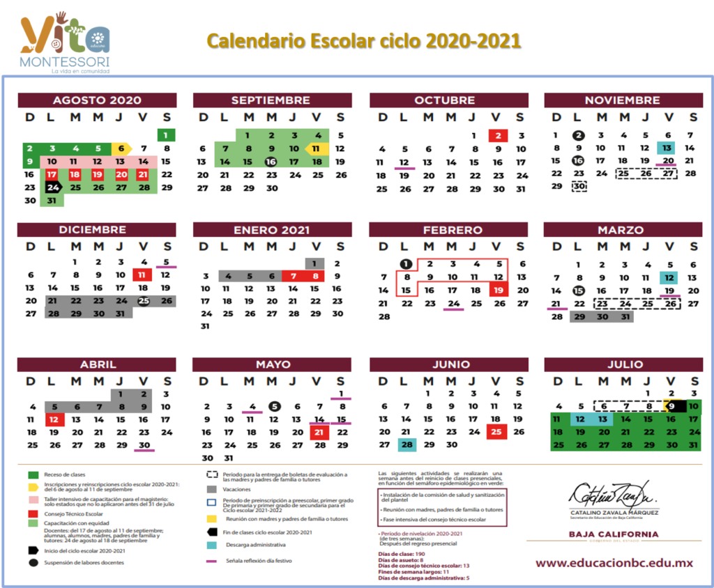 Calendario oficial SEP 2021 Vita Montessori